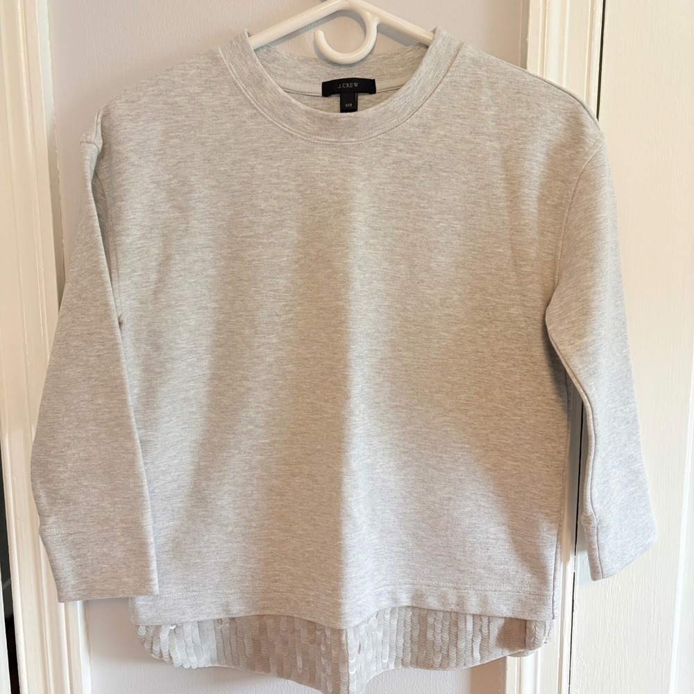 J.Crew Women XXS Sweatshirt Heather Gray Sequin Hem 3/4 Sleeve Crewneck